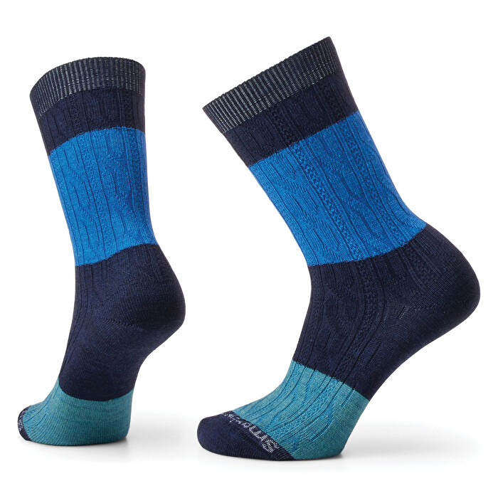 Everyday Color Block Cable Crew Socks col. Blue | Smartwool